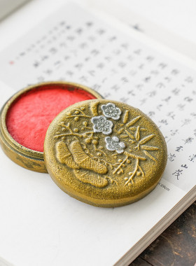 日本进口铸铁岁寒三友印泥印台