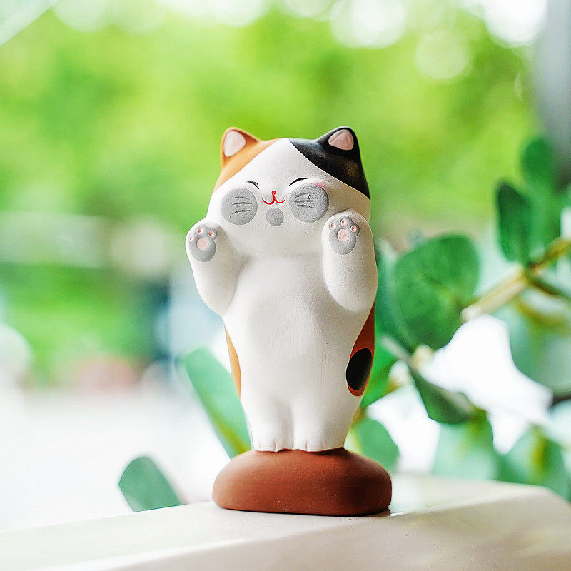 招福猫咪 日本进口龙虎堂手工陶土卡通桌面摆件汽车头创意礼物