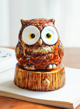 日本陶瓷猫头鹰印泥印章置物盒