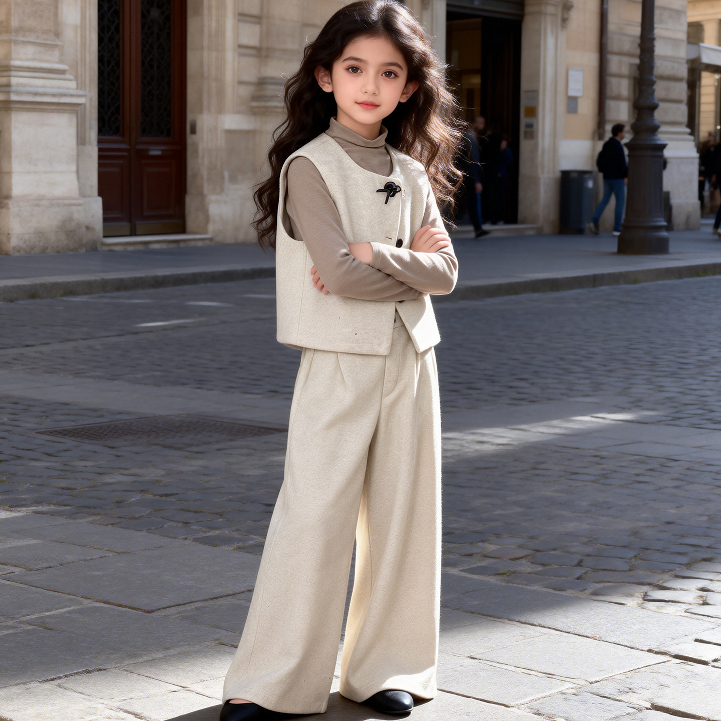 女童韩系撒银三件套2026春季新款呢子马甲打底衫阔腿裤子春秋套装