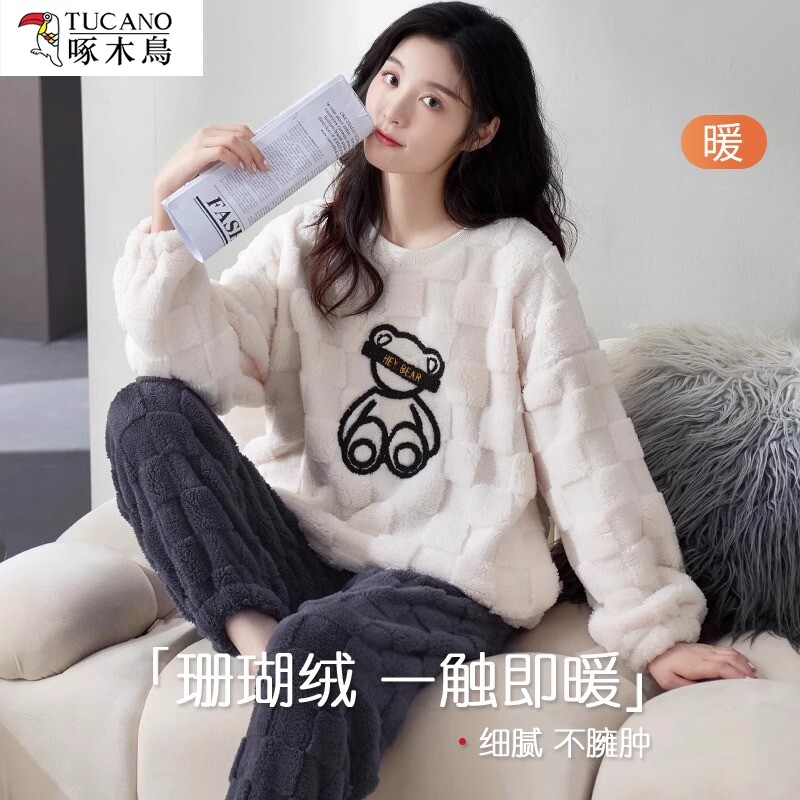 啄木鸟瑚绒睡衣女冬季加绒加厚秋睡衣/家居服套装