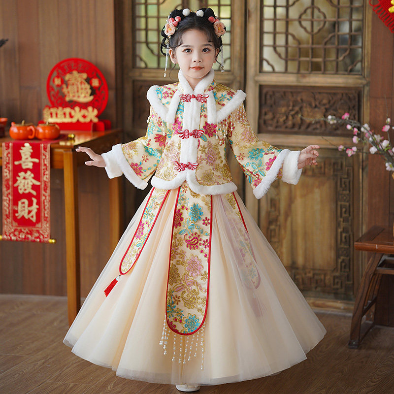汉服女童冬装2025新款秋冬季公主裙儿童装加绒裙子女孩连衣裙冬款