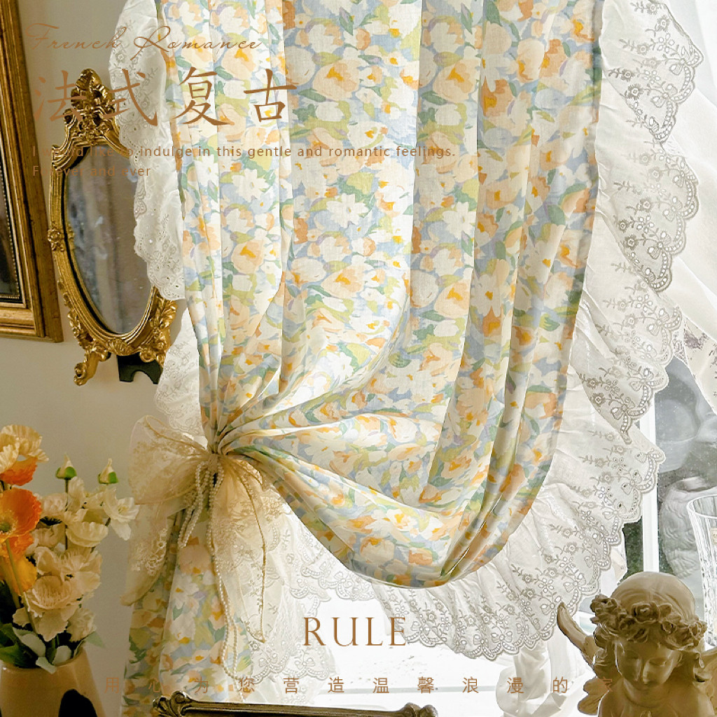 美式田园郁金香窗帘印花油画庄园复古半帘法式甜美女孩卧室门帘