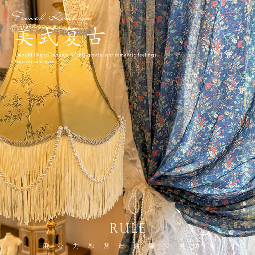 小碎花纱帘窗帘蓝色美式复古半帘