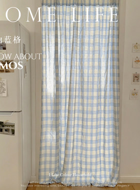 韩式奶蓝格子门帘半帘装饰遮挡帘