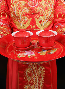 结婚庆用品结婚水果盘不锈钢婚礼喜盘客厅红色创意糖果盘新娘托盘