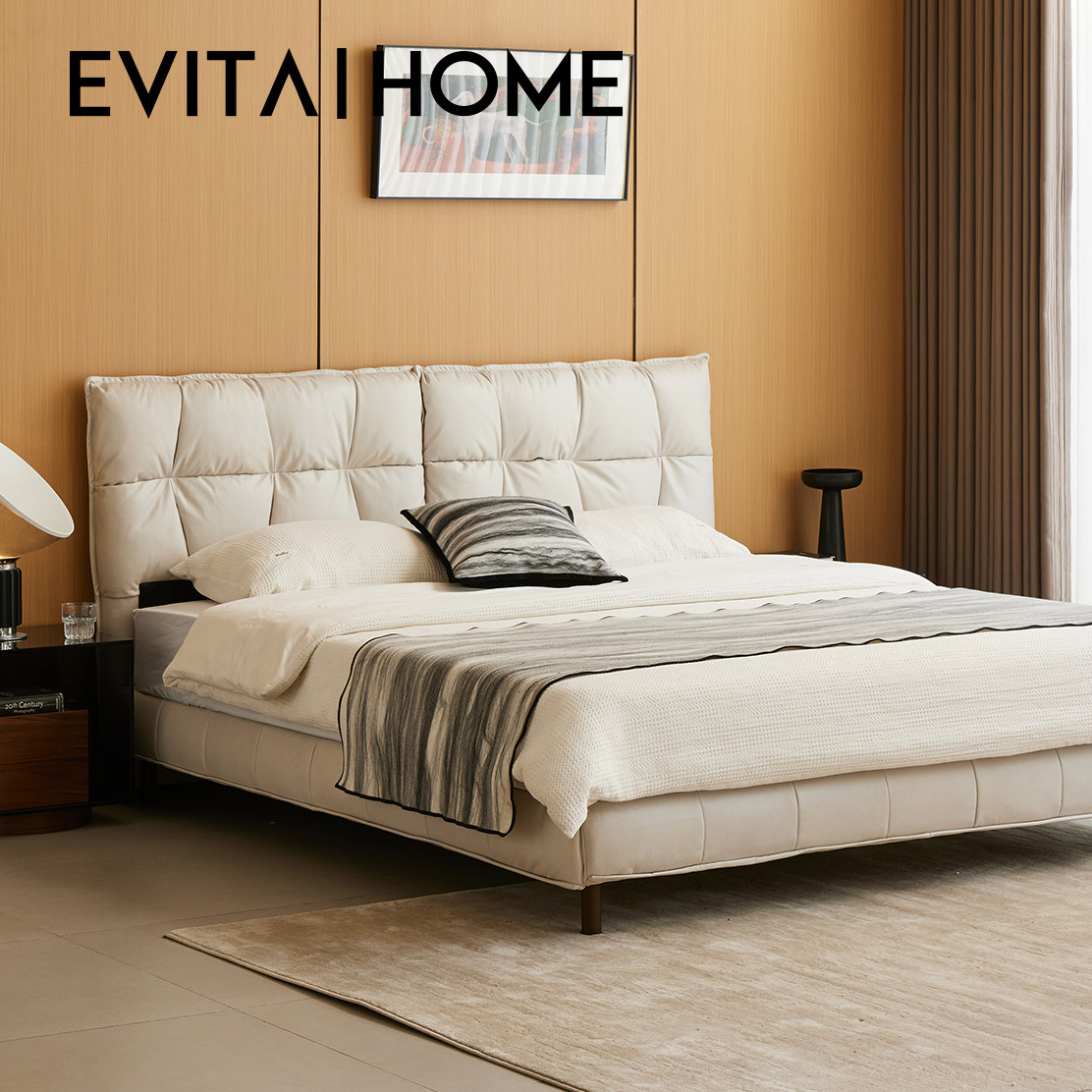 简易真皮床白色主卧高端大气皮床现代简卧室双人婚床肌肉软包床