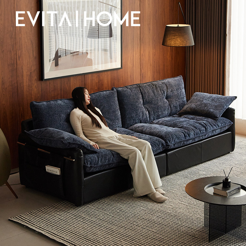 赫本蓝色皮布中古复古风小户型客厅法式奶油双人云朵直排落地沙发,住宅家具,布艺沙发,淘宝优惠券,粉丝福利购,淘宝优惠卷