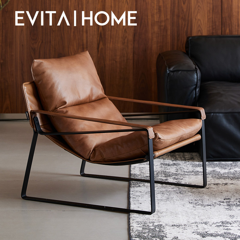 轻奢现代真皮沙发椅头层牛皮躺椅单人椅都市复古苯胺皮阳台休闲椅