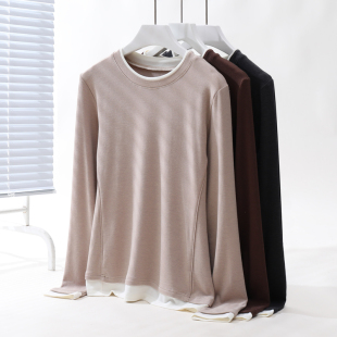 撞色假两件圆领长袖 胖mm200斤宽松显瘦遮肚子上衣 T恤女秋冬大码