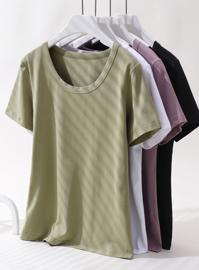 纯棉正肩短袖T恤女25夏大码胖mm200斤宽松显瘦圆U领白色打底上衣