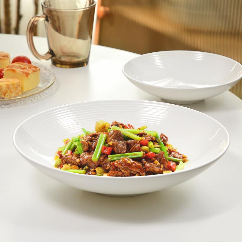 【行业热销】浮雕螺纹纯白色骨瓷盘子盘子家用大号加高深盘2025新