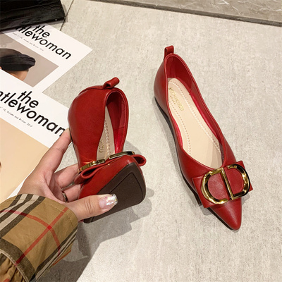 黑色尖头平底单鞋女夏婚新款软皮