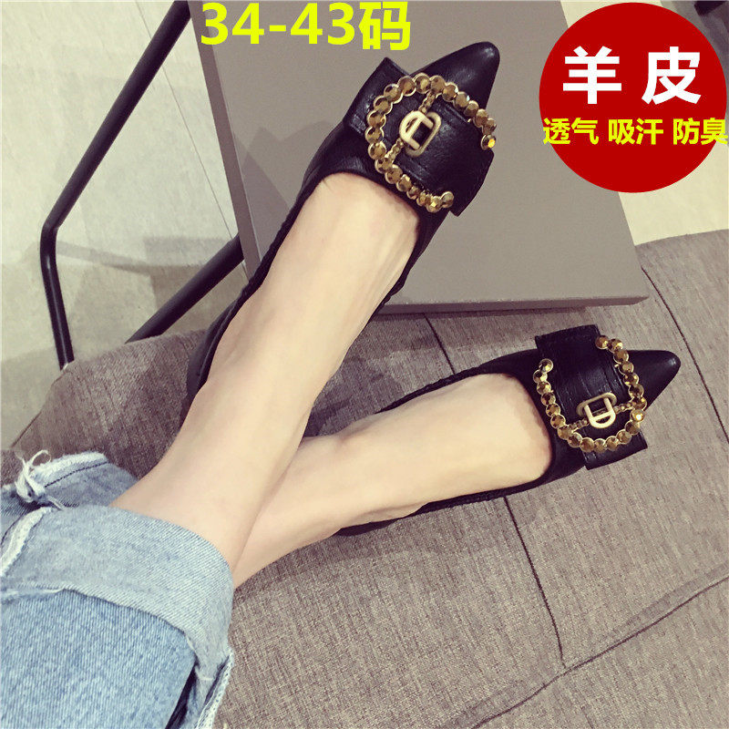 真皮羊皮2024夏季新款网红软底尖头平底鞋瓢鞋蛋卷单鞋大码女鞋潮