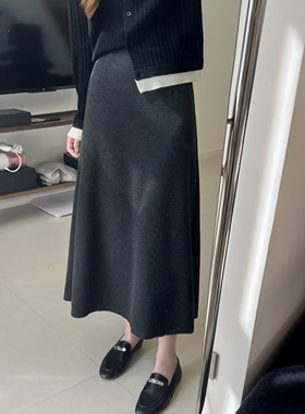 远空秋冬新款简约百搭A字半裙高腰松紧显瘦灰色毛呢半身裙