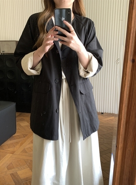 麻料内衬外套2025秋季 新款拼接高品质黑色中长款短风衣