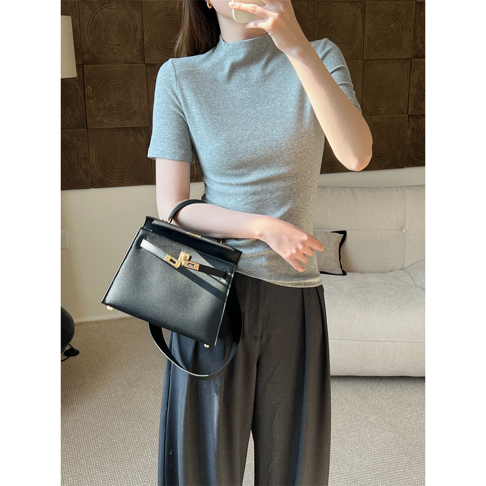 品牌高品质2025春夏打底衫亲肤舒服气质显瘦半高领修身针织短袖T图片