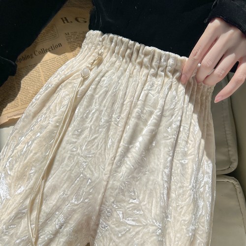 丝绒压皱阔腿裤国风流苏垂感显瘦