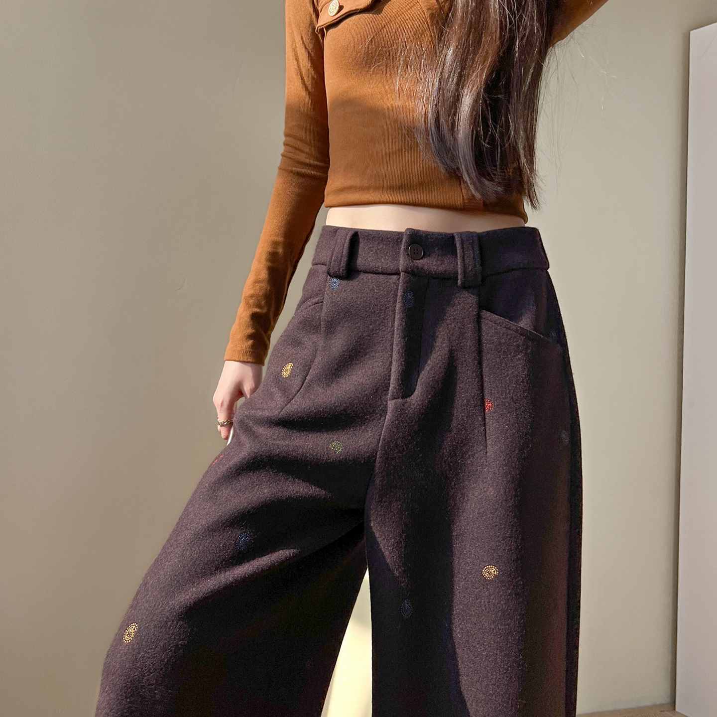 提花羊毛呢高腰显高阔腿九分裤