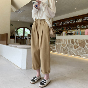 纯棉高腰休闲裤女夏季薄款时尚潮流百搭透气直筒卡其色九分纸袋裤