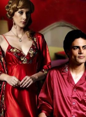 男女情侣真丝睡衣套装夏季两件套短袖家居服 特价 红色结婚本命年