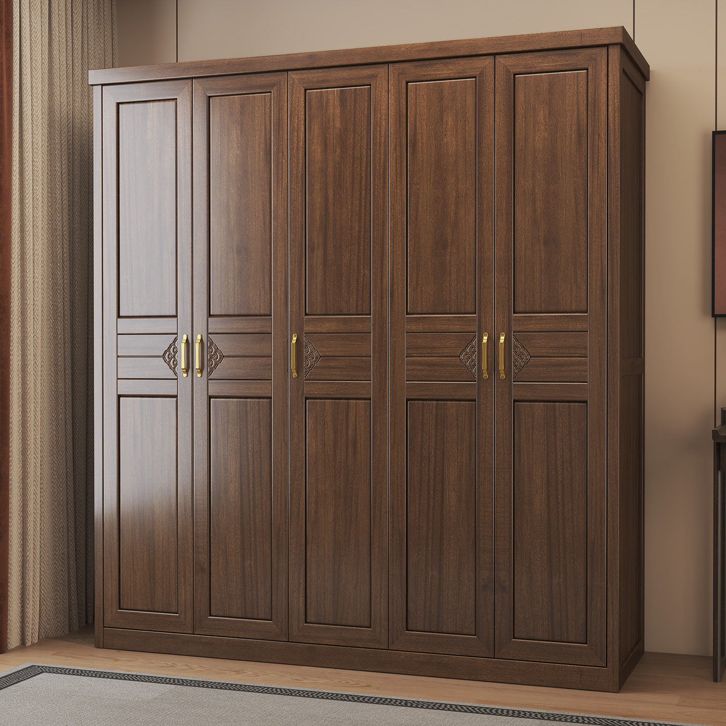 新中式胡桃木衣柜 卧室家用整体收纳复古家具 实木柜子原木大衣橱