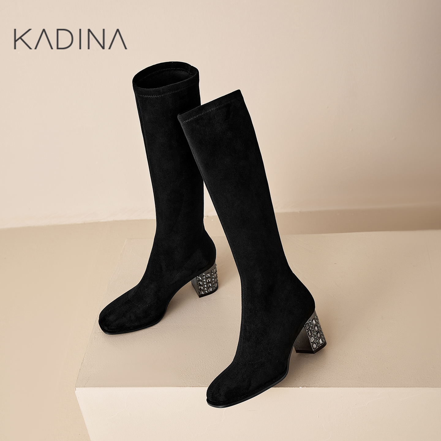 卡迪娜弹力靴2025冬季新款显瘦粗跟长靴显高长筒靴骑士靴KA256113