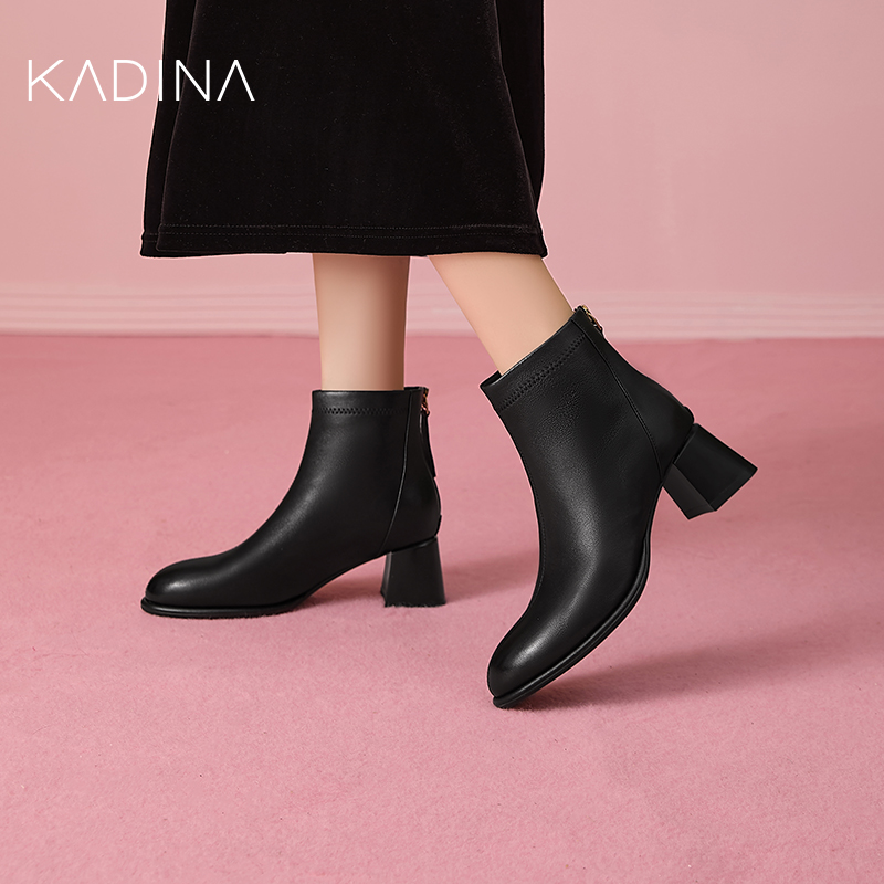 卡迪娜短靴真皮柔软粗中跟2025冬季新款上班时装靴女靴子KA241810