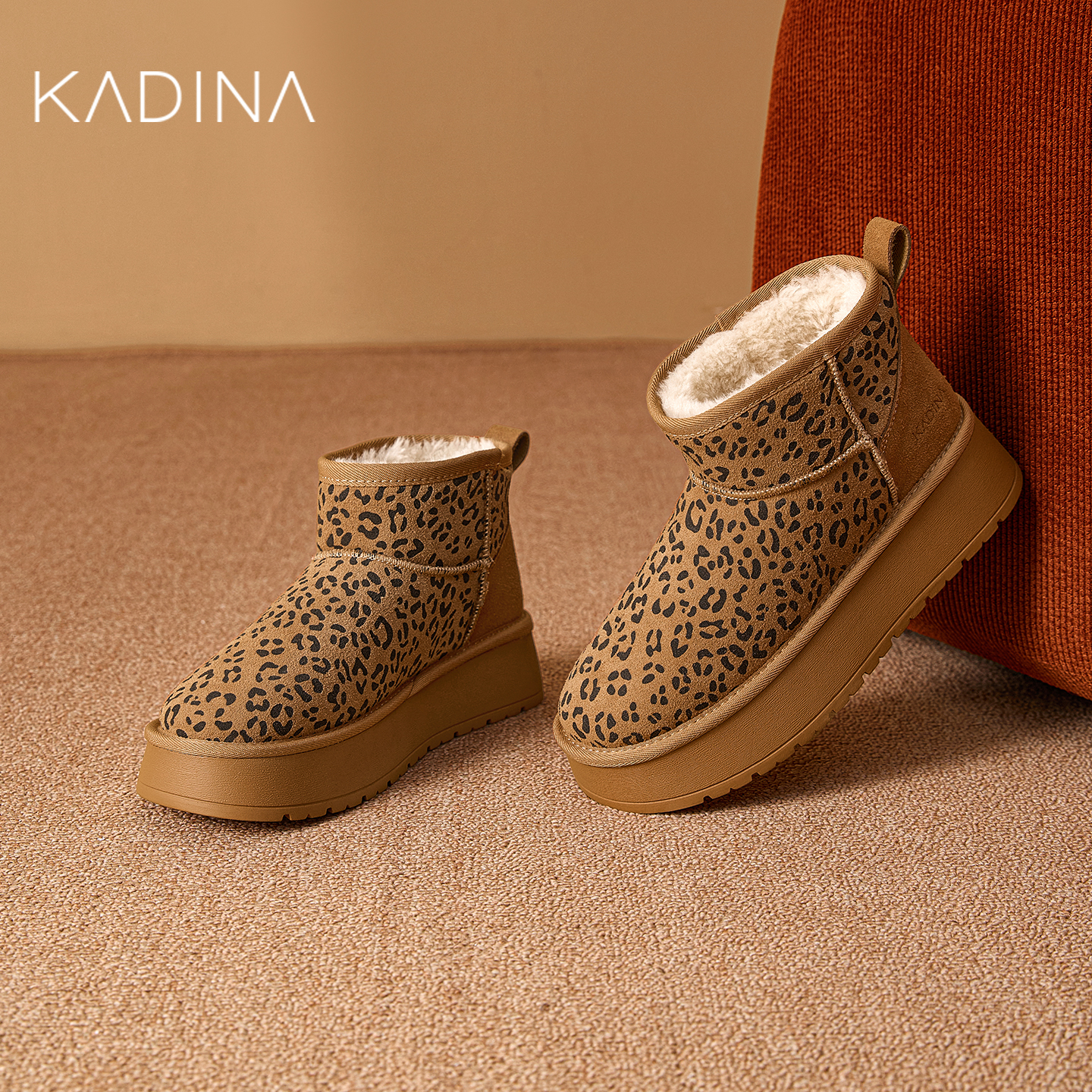 卡迪娜雪地靴女2025冬季新款皮毛一体棉鞋加绒毛毛鞋豹纹KA250301