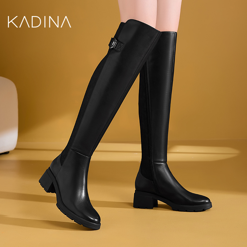 卡迪娜2025新款爆款过膝小个子长筒靴骑士靴女长筒靴黑色KA241588