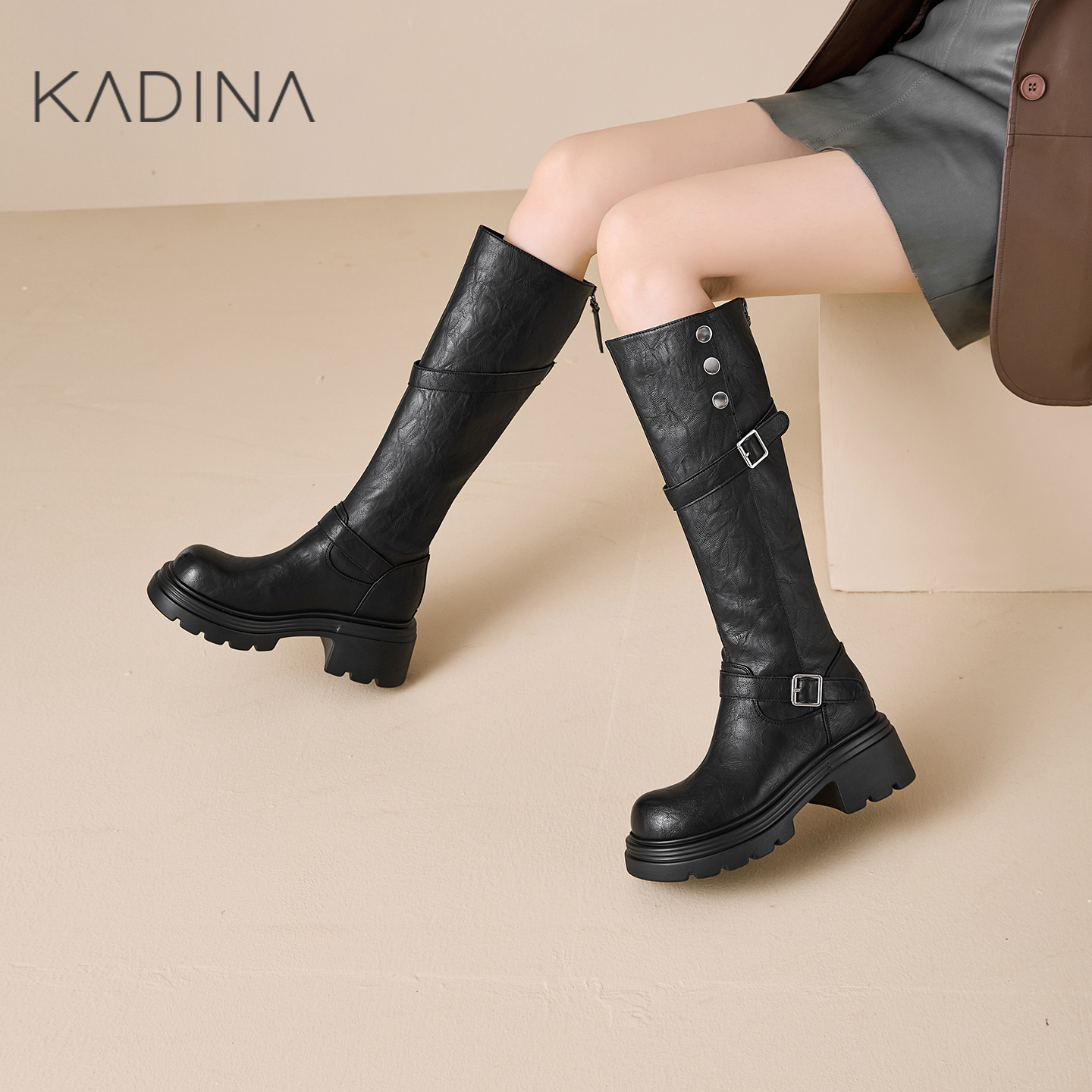 卡迪娜厚底骑士靴2025冬季新款靴子女长筒靴高筒靴长靴KWA250109