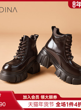 卡迪娜高帮女靴牛皮高跟马丁靴短靴子2025冬季新款KWA250103