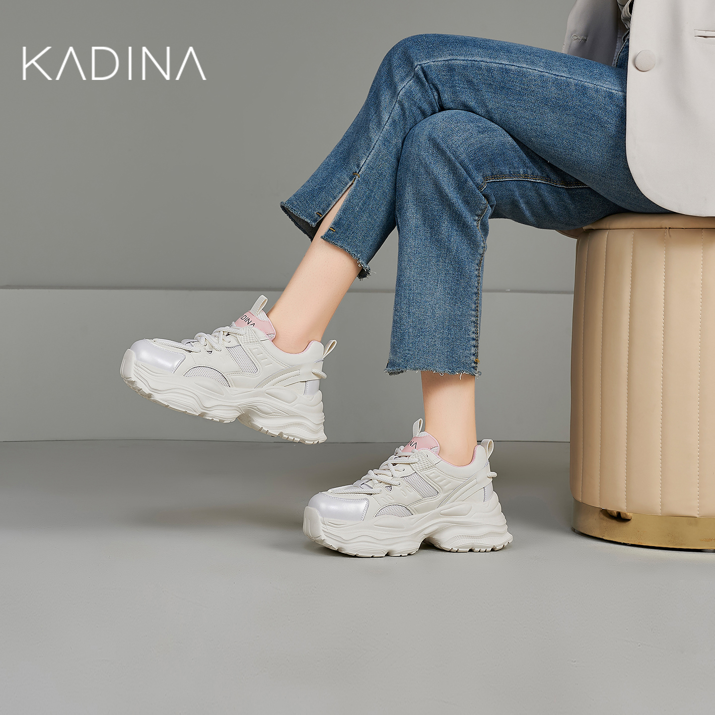 卡迪娜运动鞋系带平跟厚底老爹鞋