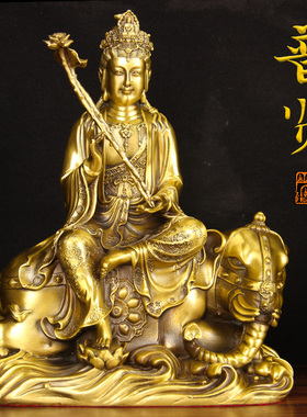 纯黄铜文殊菩萨普贤菩萨铜像摆件全铜材质新古典风