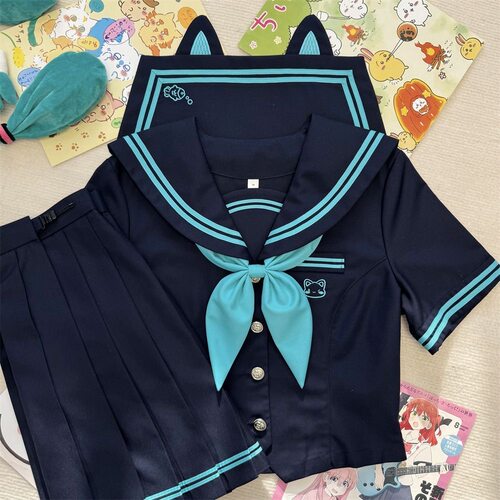 原创JK青色水手服学院风短袖制服日系二本收腰显瘦中间服校供套装