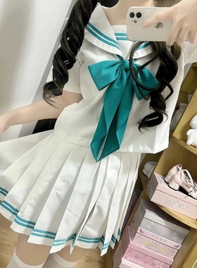原创jk稀有二本正版可爱制服基础学院短袖水手服百褶裙绿色套装