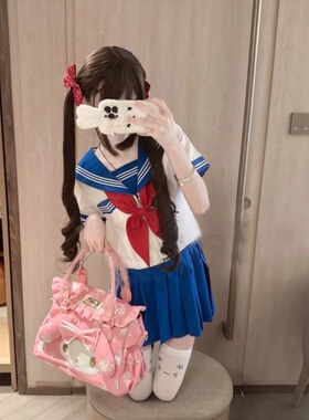 jk制服原创日系花绀色宝蓝三本水手服可爱学院风校供感长短袖套装