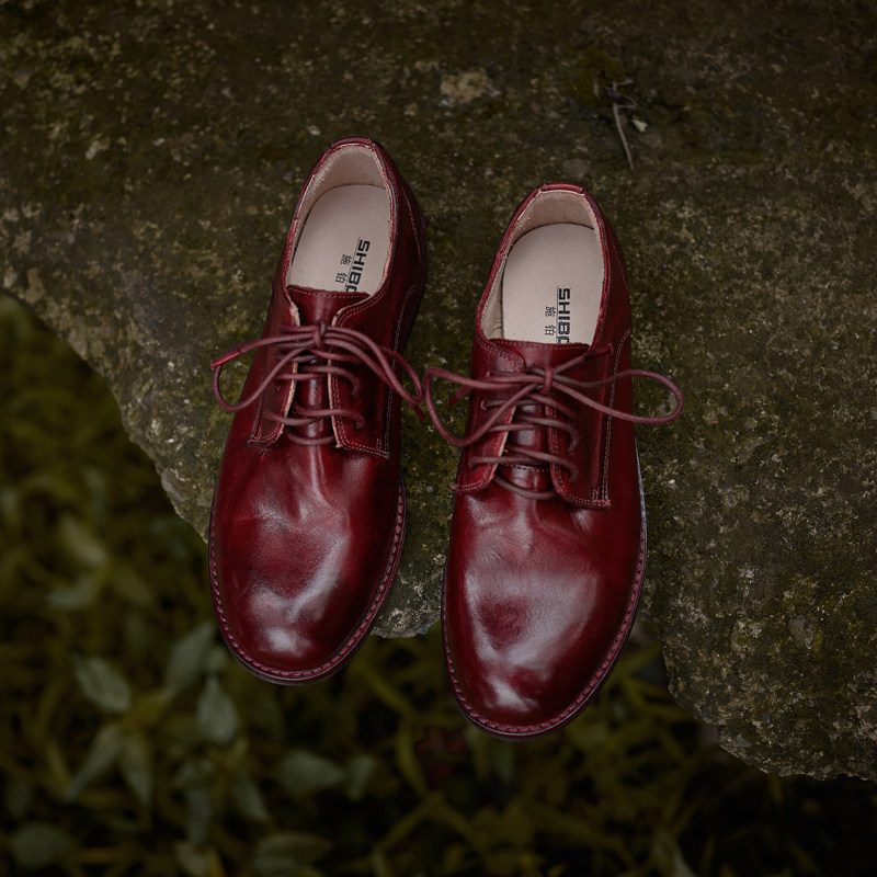 施铂薇圆头深口舒适做旧马皮手工鞋复古英伦风小众设计感单鞋子女
