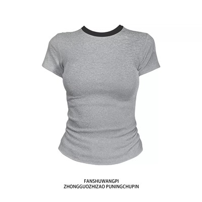 拼色简约纯棉短袖t恤女夏季美式修身显瘦收腰紧身短款正肩上衣