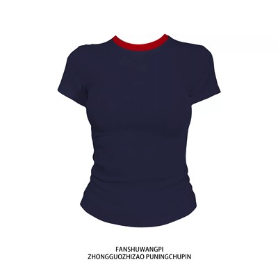 简约拼色修身显瘦正肩短款上衣女2026夏季收腰百搭紧身短袖t恤