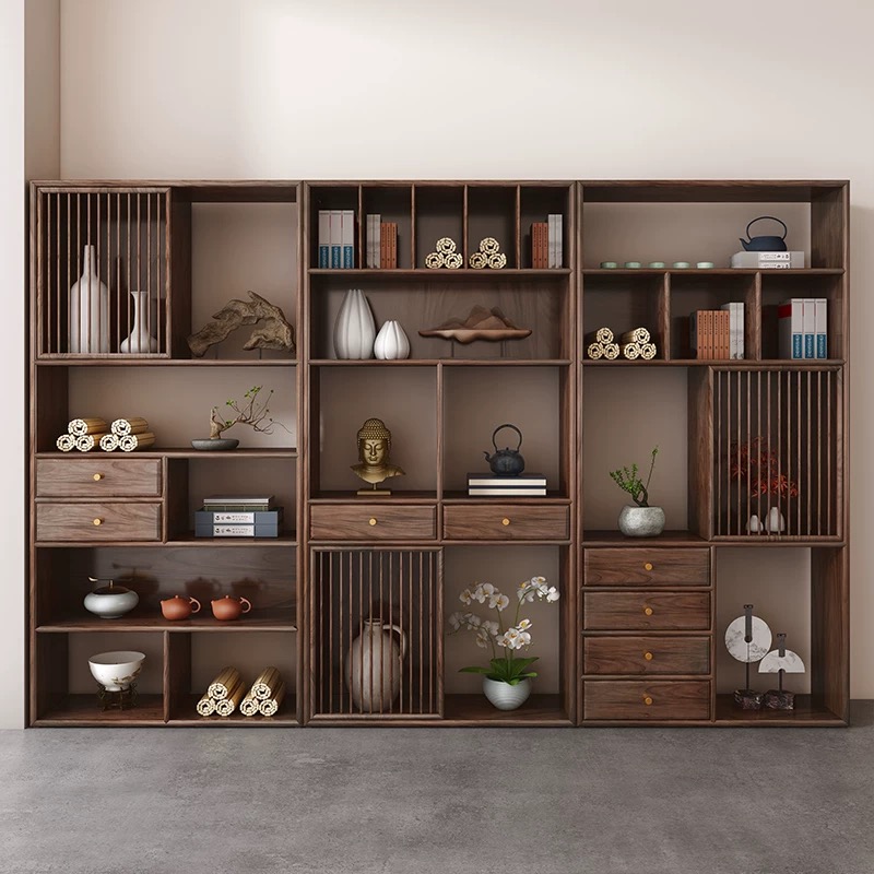 新中式实木书架落地黑胡桃木书柜一体整墙柜子置物架博古架展示柜