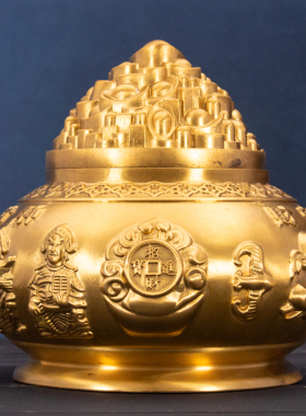 纯黄铜带盖聚宝盆五路财神聚宝盆