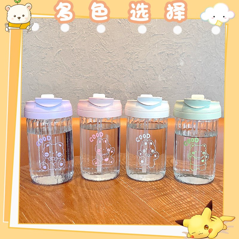 卡通学生水杯女生夏季高颜值网红吸管玻璃杯便捷办公室双饮杯子