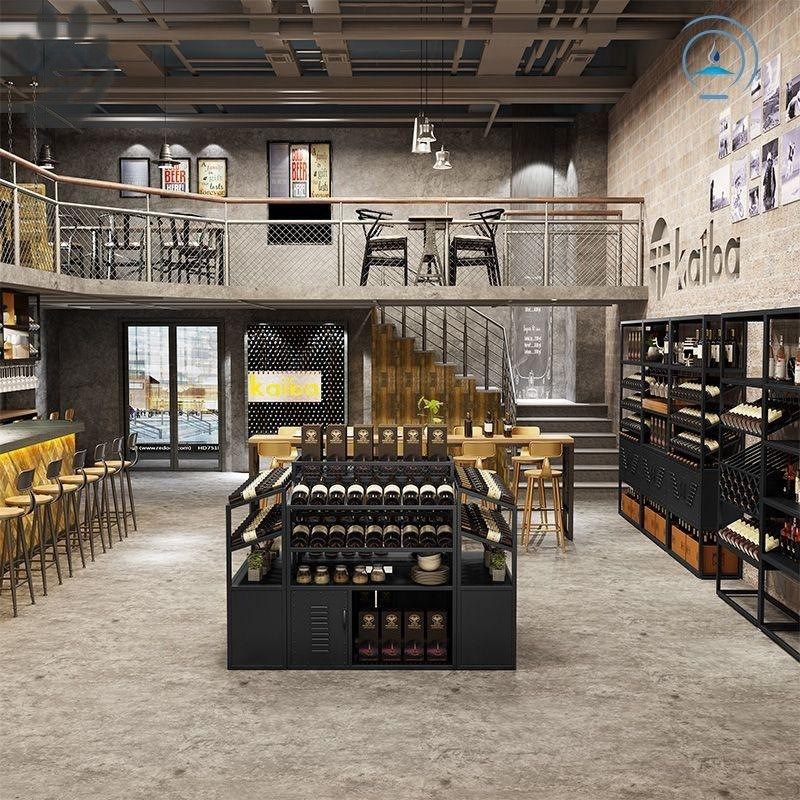 铁艺红酒柜商业酒庄超市酒架中岛台落地工业风酒吧葡萄酒架实木多