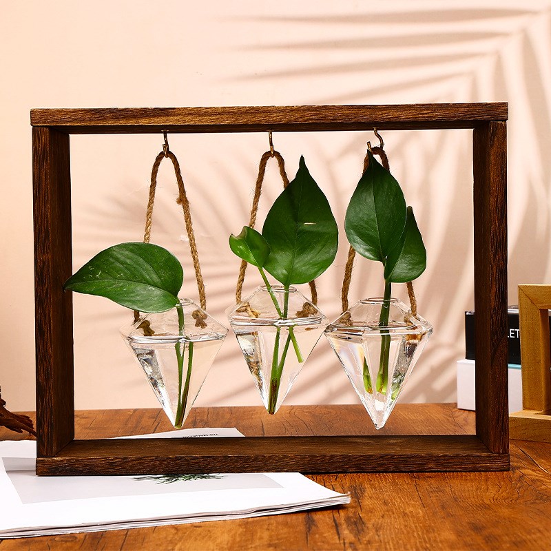 跨境货源DIY悬挂花瓶木框水培绿萝植物插花瓶装饰玻璃花瓶