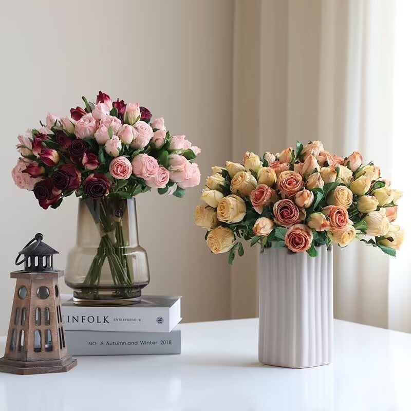网红复古风仿真花烤边玫瑰6支一束小玫瑰花束拍照摆件厂家