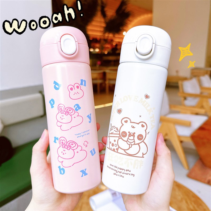 新款可爱水杯不锈钢简约卡通直饮杯子便携弹盖学生高颜值保温杯