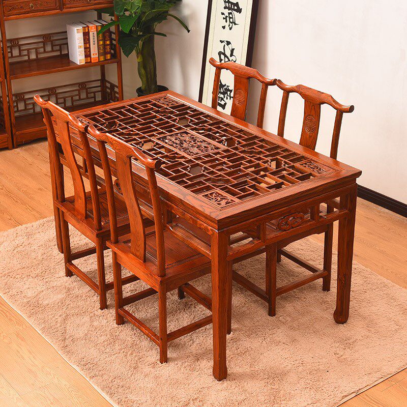 榆木餐桌饭店茶馆桌椅组合餐厅长方桌中式实木花格镂空餐桌免安装