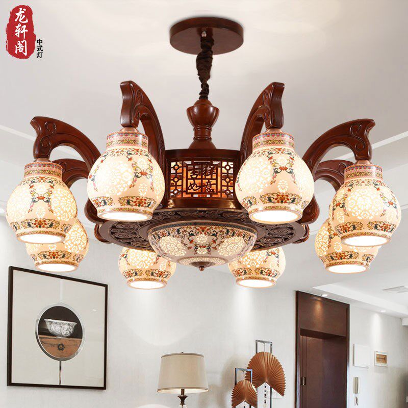 新中式吊灯实木客厅陶瓷灯餐厅仿古酒店别墅复式现代吊灯具中国风