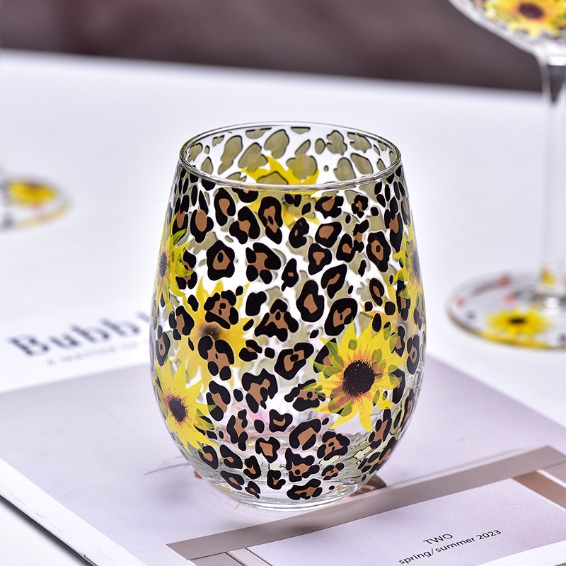 跨境新款彩绘手工水晶红酒杯豹纹向日葵手绘玻璃杯高脚杯葡萄酒杯